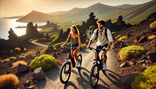 DALL·E-2024-11-08-18.38.18-A-scenic-image-of-a-couple-riding-e-bikes-along-a-rugged-volcanic-landscape-in-Methana-Greece.-The-couple-looks-happy-and-adventurous-dressed-casua-1 Poros island to the Volcano e bike tour.