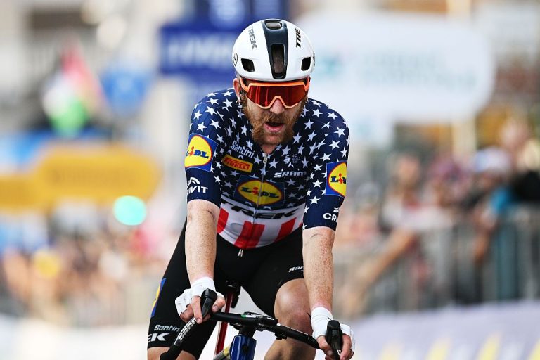 BERGAMO, ITALY - OCTOBER 11: Quinn Simmons of United States and Team Lidl - Trek crosses the finish line during the 119th Il Lombardia 2025 a 241km one day race from Como to Bergamo on October 11, 2025 in Bergamo, Italy. (Photo by Dario Belingheri/Getty Images)